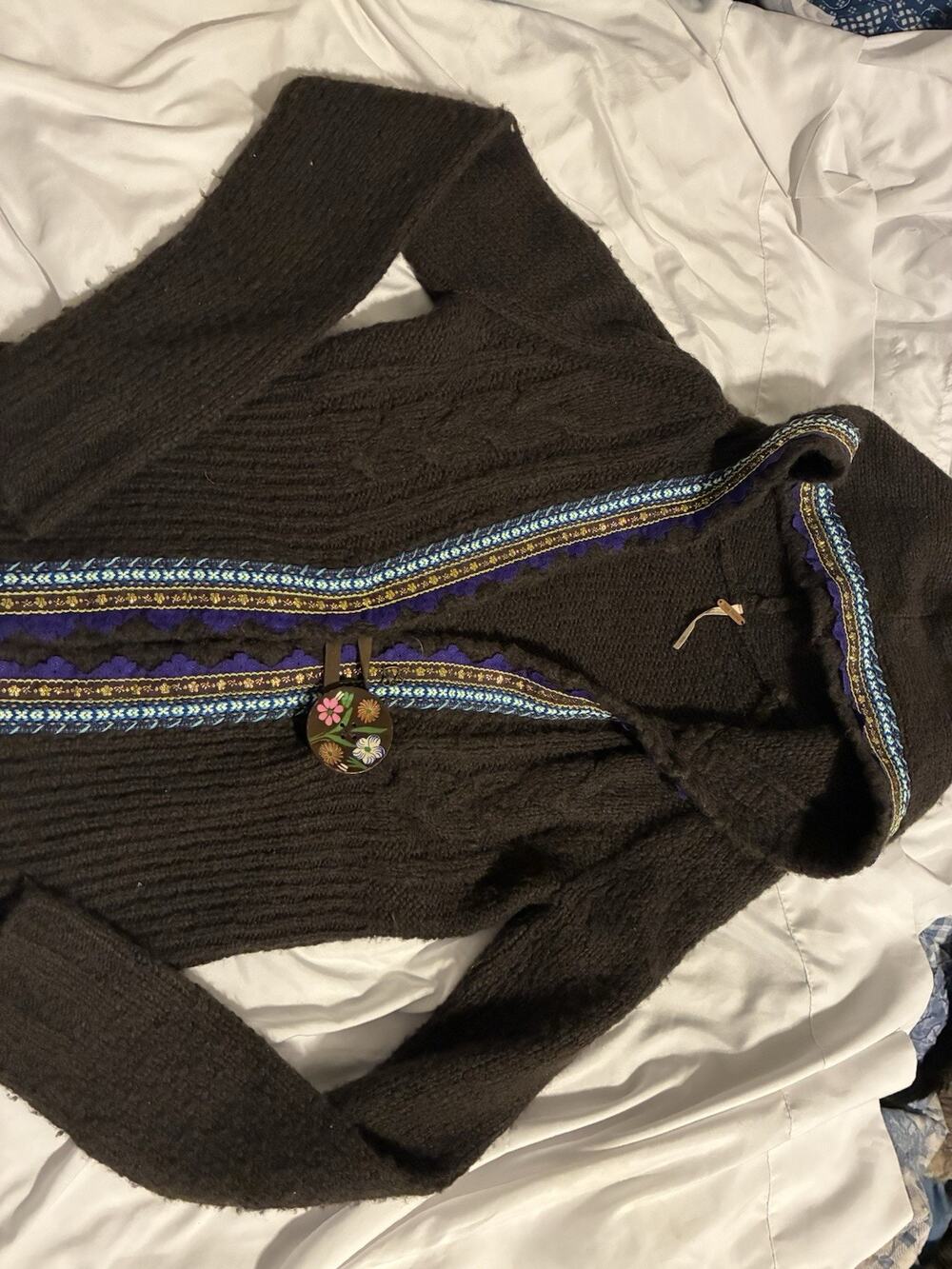 Free People Womens Hooded Cardigan M Brown Tribal Embroidered Toggle Knit